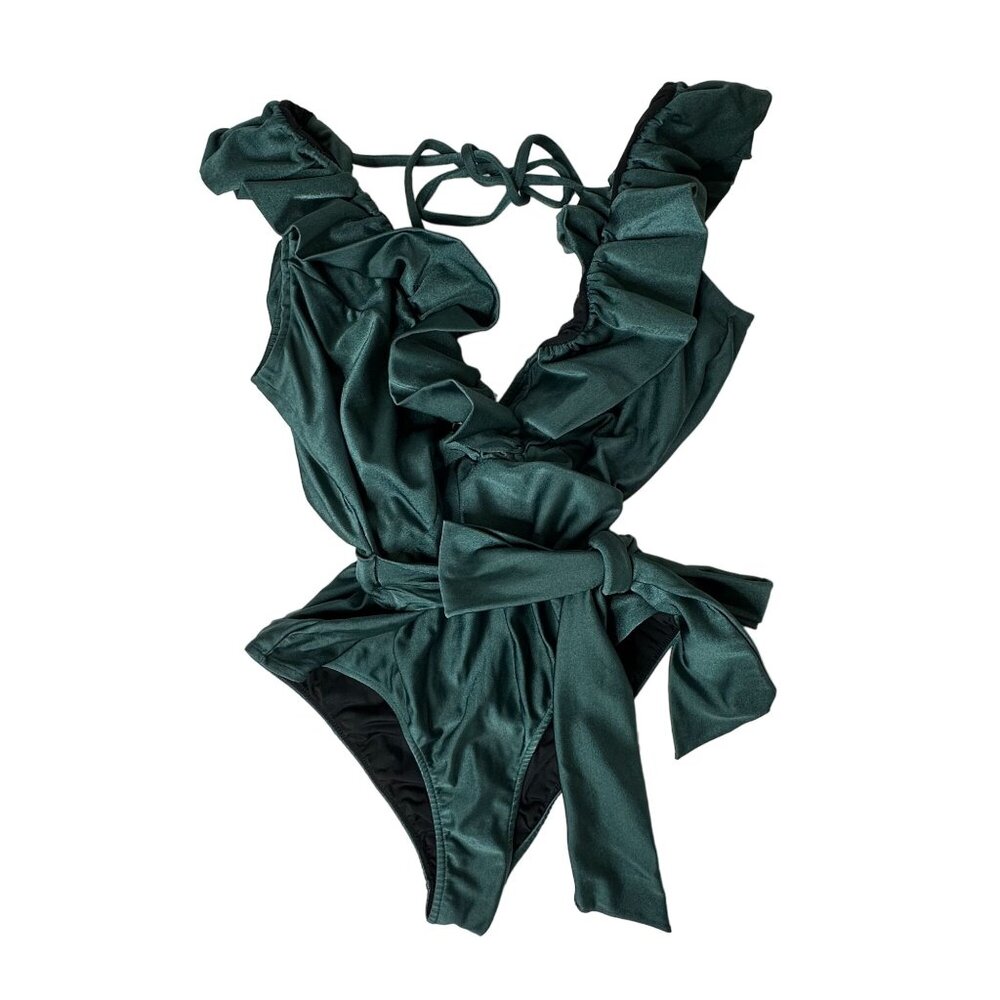 PatBO Dark Green Ruffle One Piece Swimsuit - Picture 1 of 9